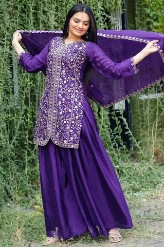 Purple festive wear designer chinon sequence embroidery work readymade suit