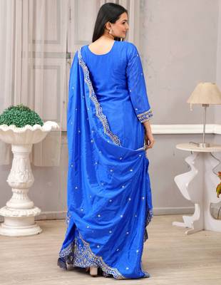 Blue festive wear designer chinon sequence embroidery work readymade suit 3