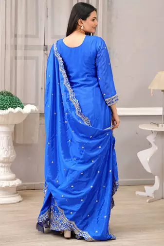 Blue festive wear designer chinon sequence embroidery work readymade suit