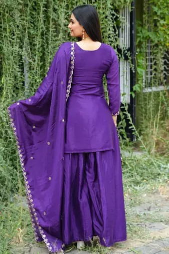 Purple festive wear designer chinon sequence embroidery work readymade suit