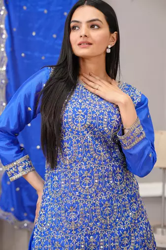 Blue festive wear designer chinon sequence embroidery work readymade suit