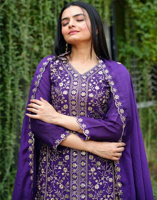 Purple festive wear designer chinon sequence embroidery work readymade suit 4