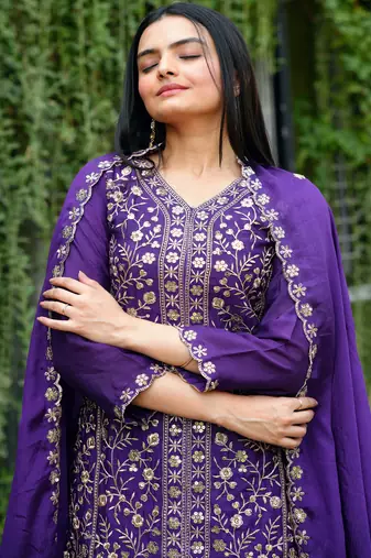 Purple festive wear designer chinon sequence embroidery work readymade suit
