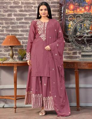 Mauve festive wear designer chinon sequence embroidery work readymade suit 1