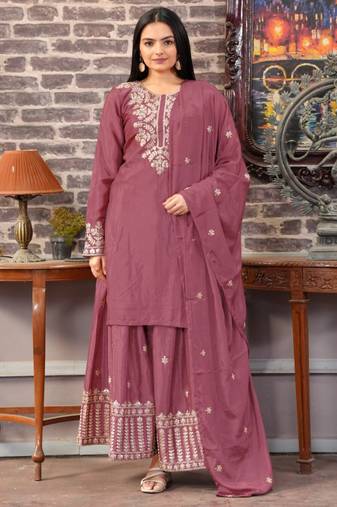 Mauve festive wear designer chinon sequence embroidery work readymade suit