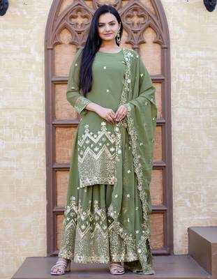 Green festive wear designer fox georgette sequence embroidery work readymade suit 1
