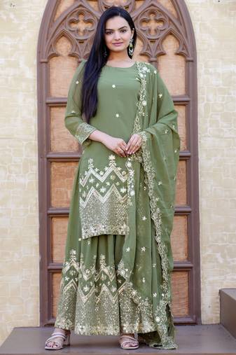 Green festive wear designer fox georgette sequence embroidery work readymade suit