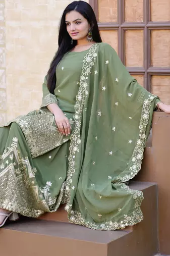 Green festive wear designer fox georgette sequence embroidery work readymade suit