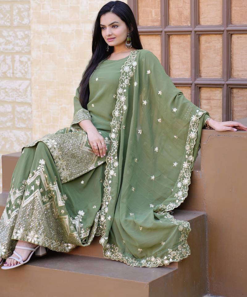 Green festive wear designer fox georgette sequence embroidery work readymade suit