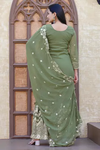Green festive wear designer fox georgette sequence embroidery work readymade suit