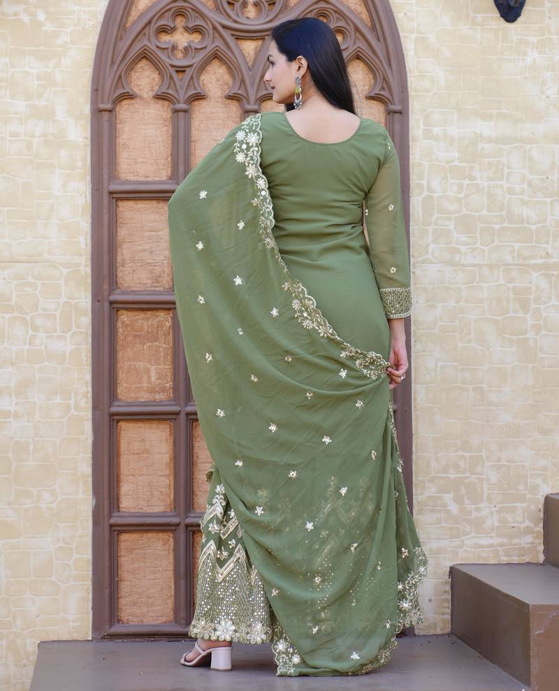 Green festive wear designer fox georgette sequence embroidery work readymade suit