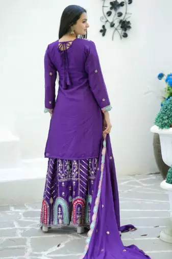 Purple festive wear designer chinon  heavy embroidery sequence work readymade suit