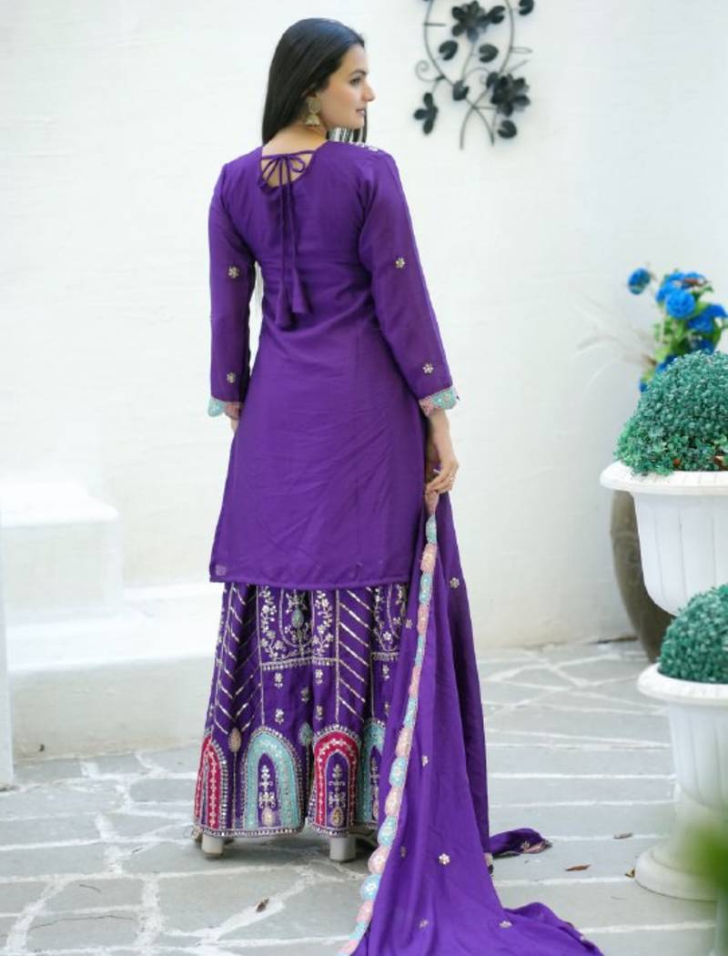 Purple festive wear designer chinon  heavy embroidery sequence work readymade suit