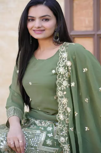 Green festive wear designer fox georgette sequence embroidery work readymade suit