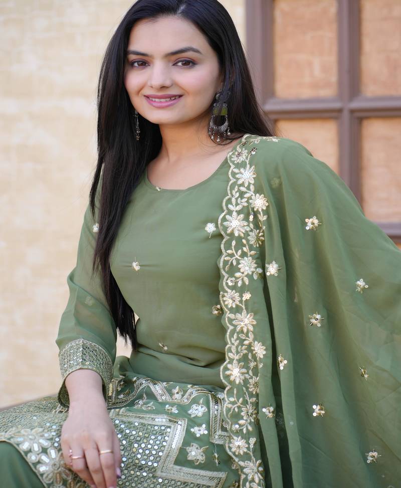 Green festive wear designer fox georgette sequence embroidery work readymade suit