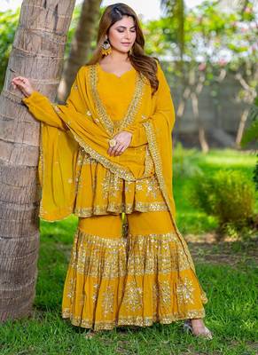 Mustard festive wear designer heavy fox georgette   readymade suit 1