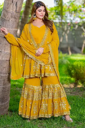 Mustard festive wear designer heavy fox georgette   readymade suit