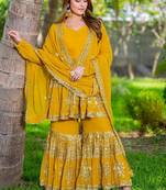 Mustard festive wear designer heavy fox georgette   readymade suit