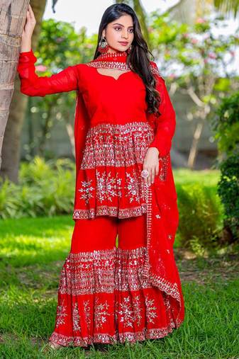 Red festive wear designer heavy fox georgette   readymade suit