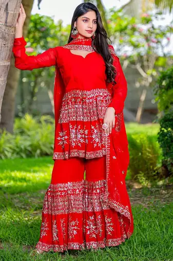 Red festive wear designer heavy fox georgette   readymade suit
