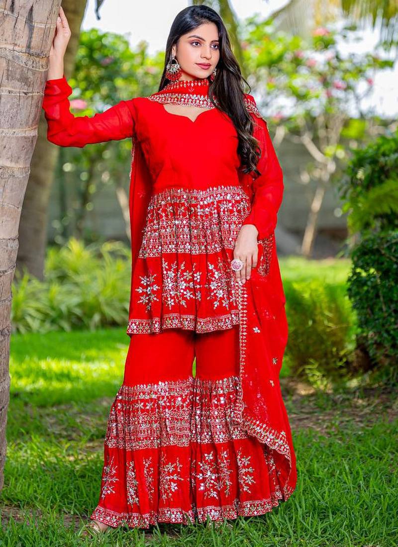 Red festive wear designer heavy fox georgette   readymade suit