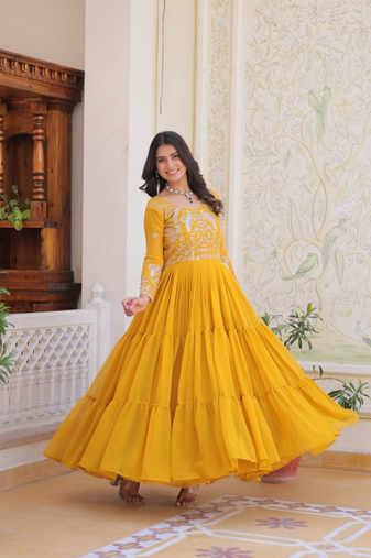 Yellow festive wear designer faux georgette heavy 3mm sequence work readymade suit