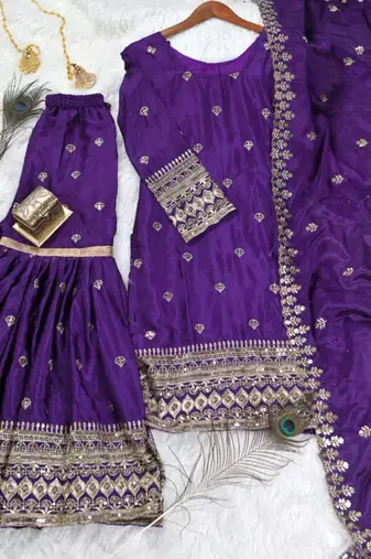 Purple festive wear designer chinon  heavy embroidery sequence work readymade suit