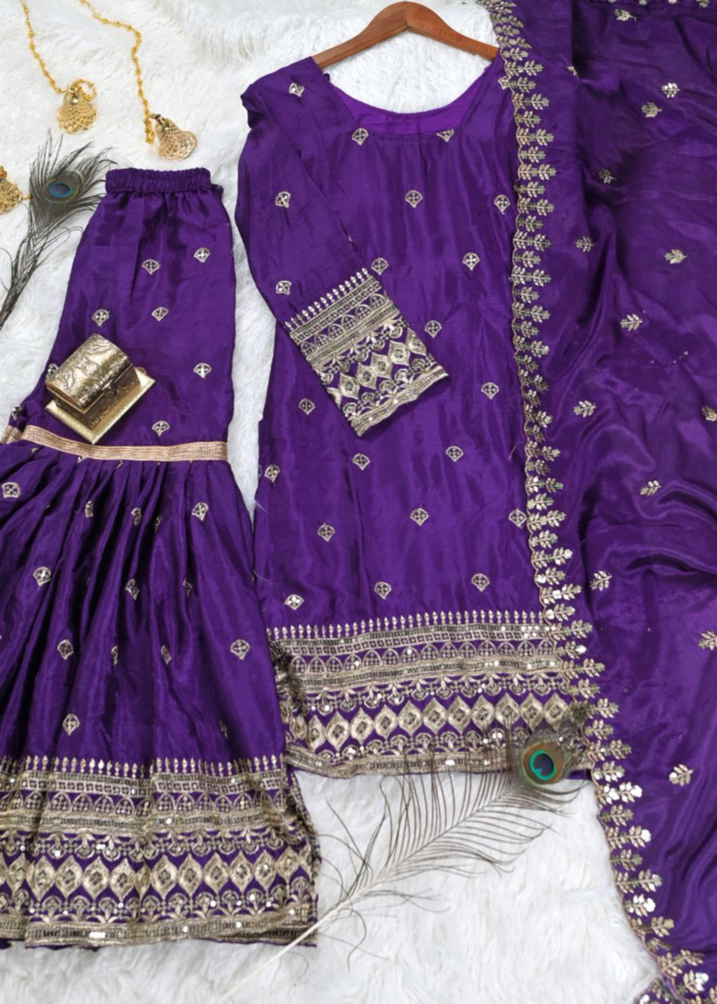 Purple festive wear designer chinon  heavy embroidery sequence work readymade suit