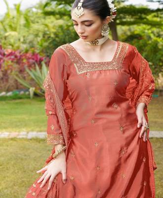 Orange festive wear designer chinon  heavy embroidery sequence work readymade suit 3