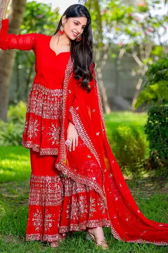 Red festive wear designer heavy fox georgette   readymade suit