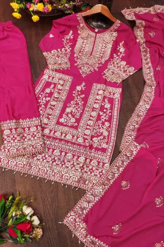 Rani pink festive wear designer chinon heavy embroidery sequence work readymade suit
