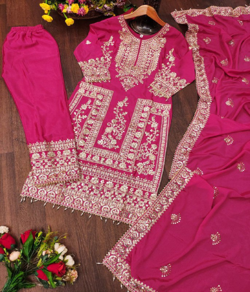Rani pink festive wear designer chinon heavy embroidery sequence work readymade suit