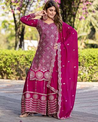 Rani pink festive wear designer chinon  readymade suit 1