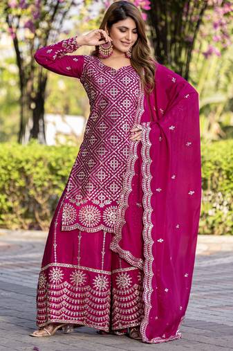 Rani pink festive wear designer chinon  readymade suit