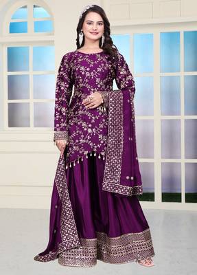Purple festive wear designer chinon sequence embroidery work readymade suit 1