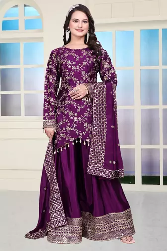 Purple festive wear designer chinon sequence embroidery work readymade suit