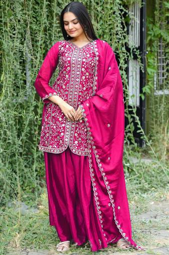 Pink festive wear designer chinon sequence embroidery work readymade suit