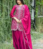 Pink festive wear designer chinon sequence embroidery work readymade suit