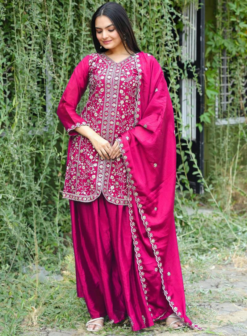 Pink festive wear designer chinon sequence embroidery work readymade suit