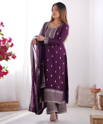 Wine festive wear designer pure chinon silk  readymade suit 1