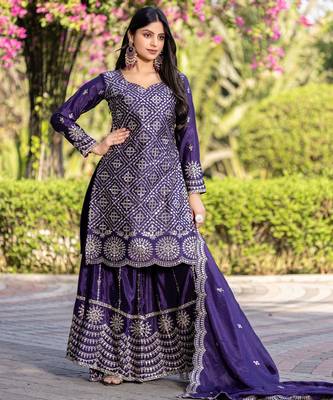 Purple festive wear designer chinon  readymade suit 1