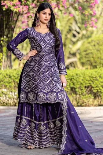 Purple festive wear designer chinon  readymade suit
