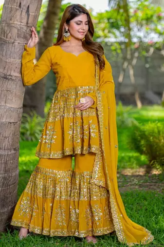 Mustard festive wear designer heavy fox georgette   readymade suit