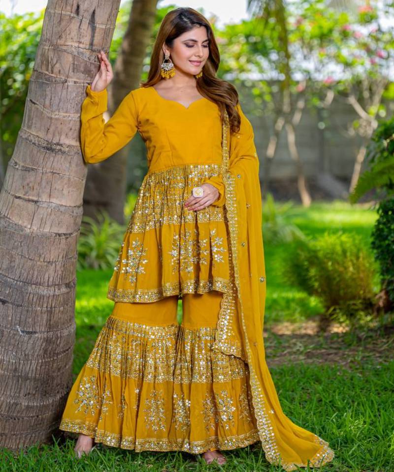 Mustard festive wear designer heavy fox georgette   readymade suit