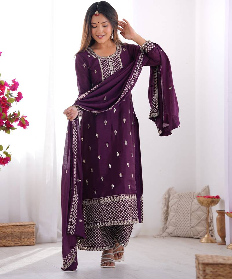 Wine festive wear designer pure chinon silk  readymade suit