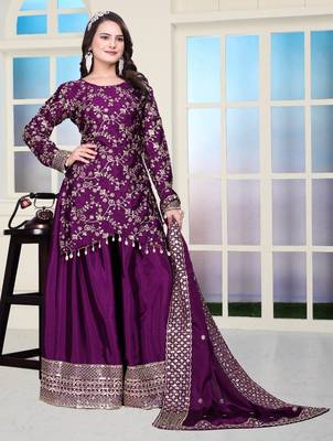 Purple festive wear designer chinon sequence embroidery work readymade suit 2