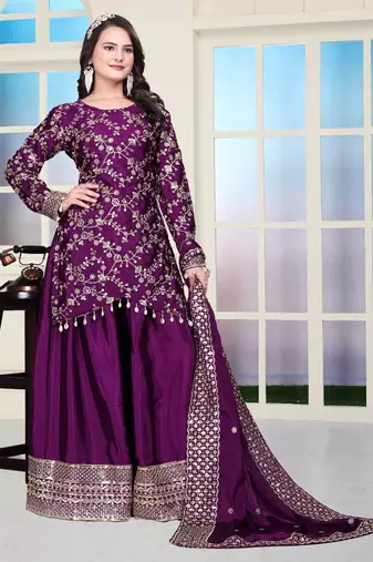 Purple festive wear designer chinon sequence embroidery work readymade suit