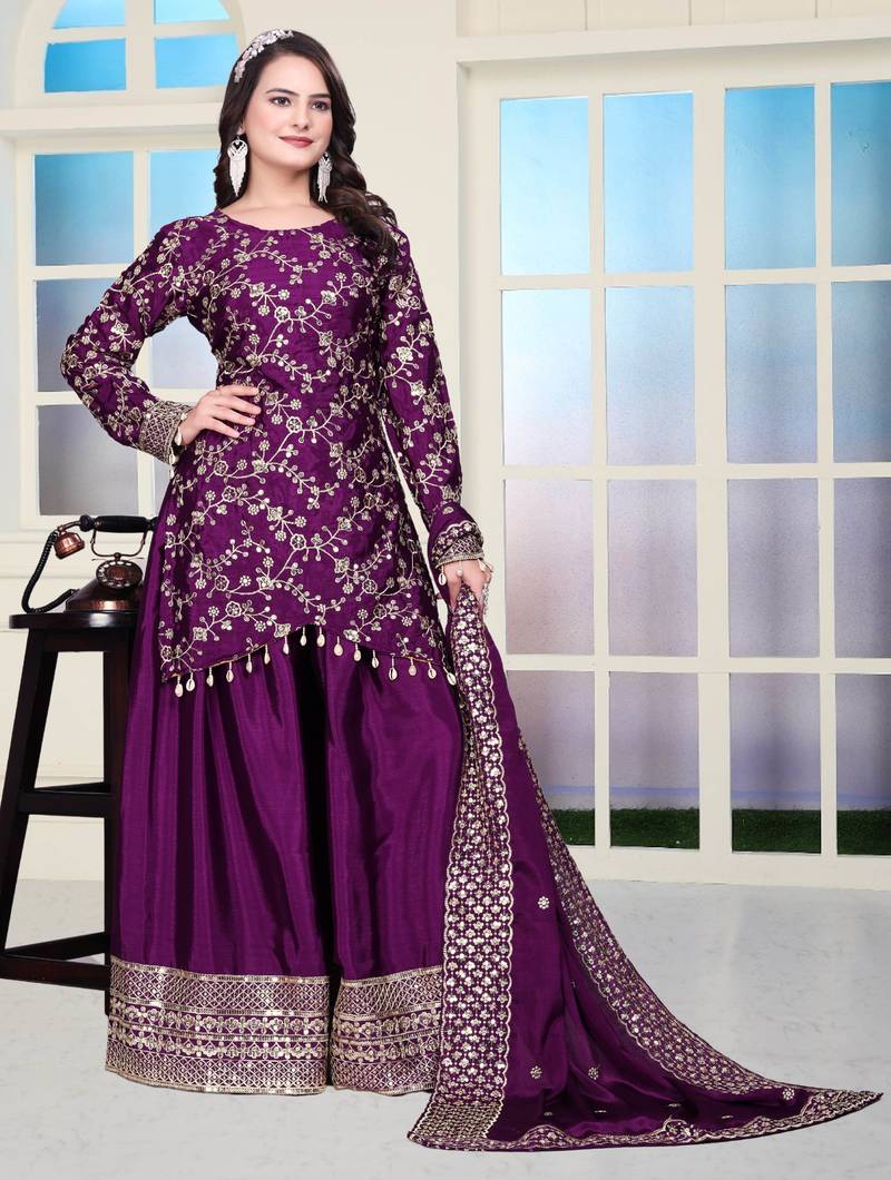 Purple festive wear designer chinon sequence embroidery work readymade suit
