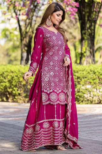 Rani pink festive wear designer chinon  readymade suit