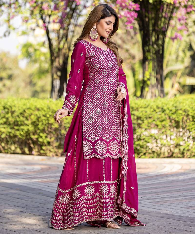 Rani pink festive wear designer chinon  readymade suit